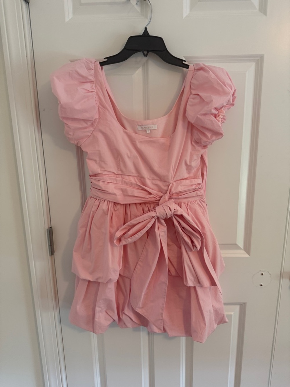 Olivaceous Pink Puff Sleeve Tiered Mini Dress with Waist Tie Small - Picture 3 of 12